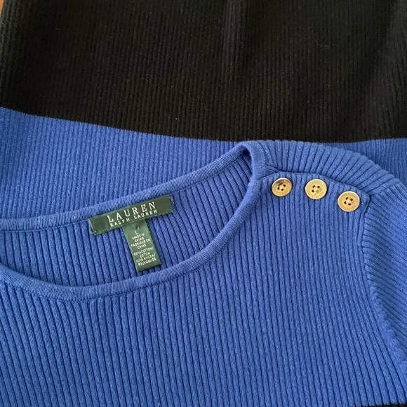 LAUREN RALPH LAUREN RIB KNIT SWEATER STRIPED BLUE BLACK SIZE L - Picture 2 of 6